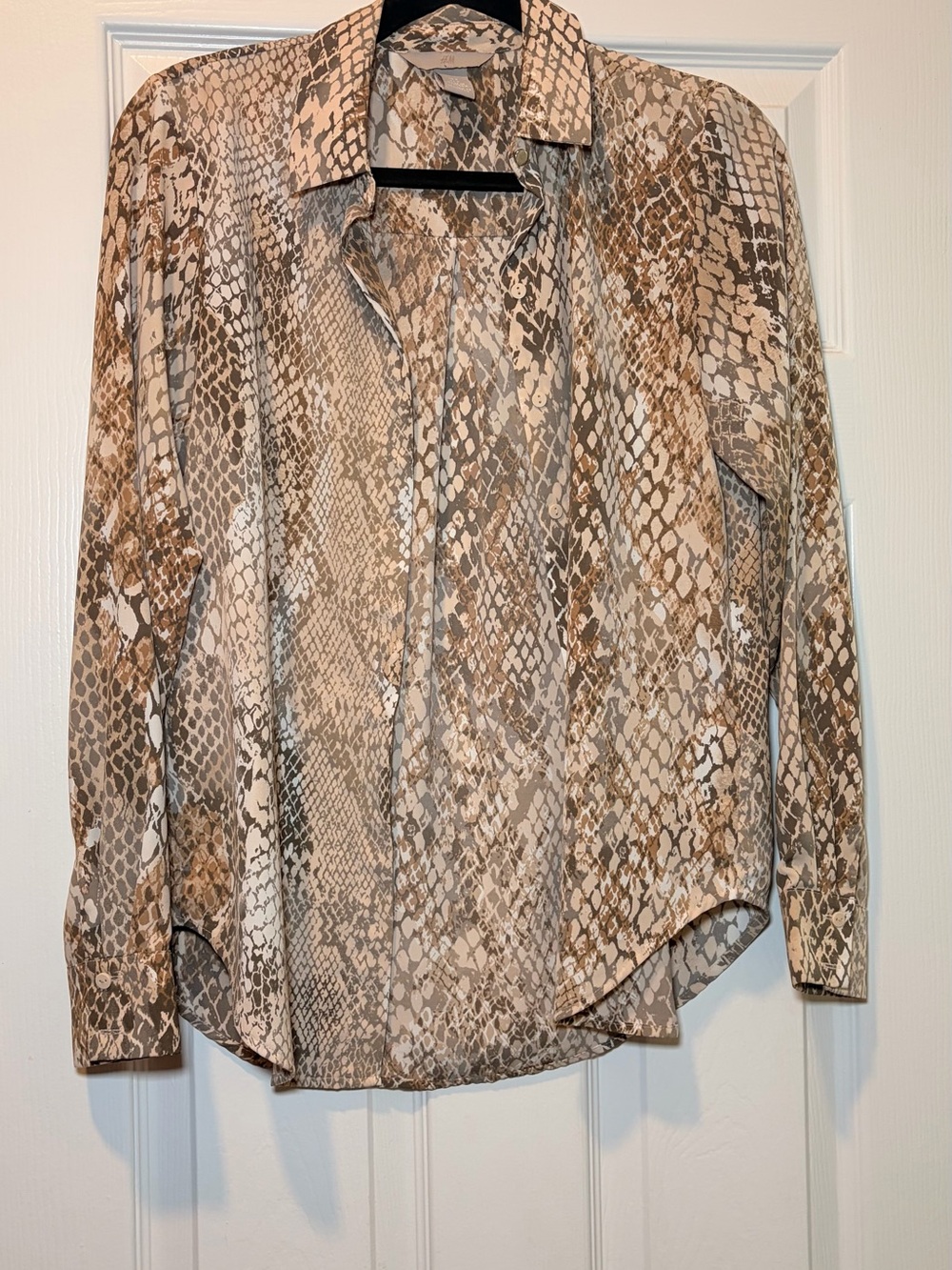 H&M Neutral Snake-Print Long-Sleeve Blouse